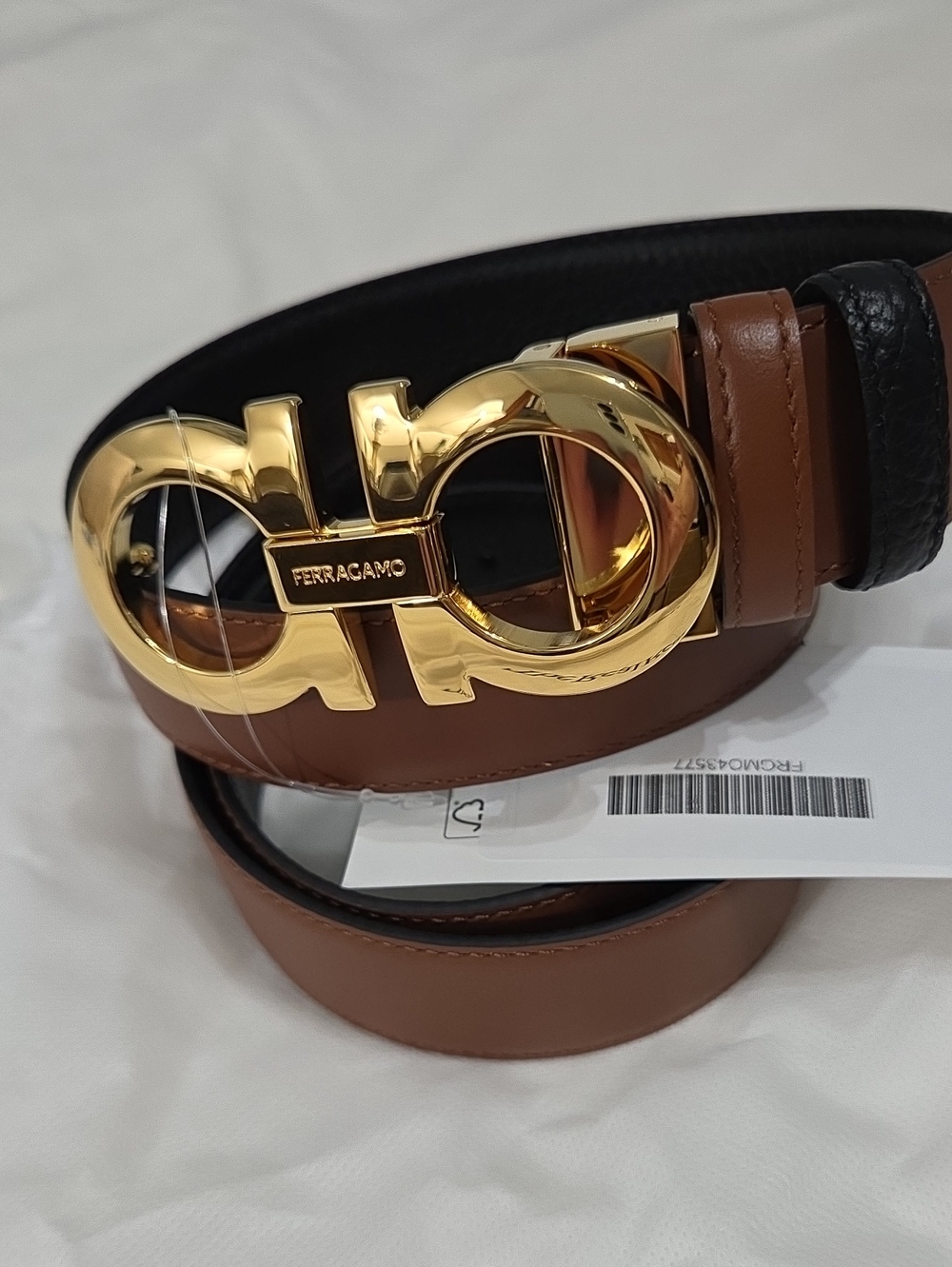 Salvatore Ferragamo Black Brown Belt with Gold Double-Gancini Buckle